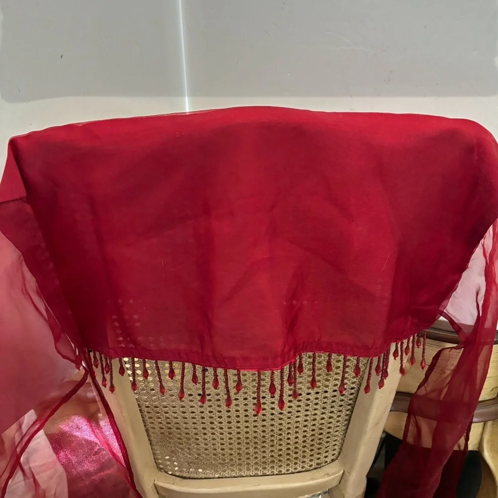 4 Red chair toppers organza bows with beaded fringe NWOT
